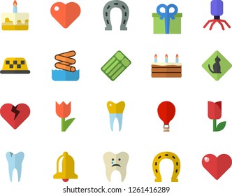 Color flat icon set cake flat vector, horseshoe, tulip, present, heart, virus, caries, dental crowns, balloon fector, aquapark, pets allowed, inflatable mattress, taxi, bell