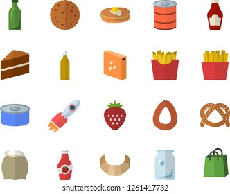 Color flat icon set cake flat vector, flour, groats, ketchup, biscuit, pancakes, bagel, croissant, sausage, canned food, French fries, Strawberry, mustard, glass bottles, rocket, bags
