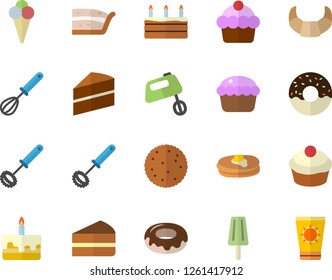 Color flat icon set cake flat vector, whisk, mixer, biscuit, pancakes, croissant, cupcake, piece of, donut, ice cream, sun protection fector