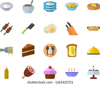 Color flat icon set cake flat vector, knives, dish, table setting, plates, pancakes, spaghetti on a fork, hot dog, soup, porridge, ham, shashlik, scrambled eggs, mustard, sandwich