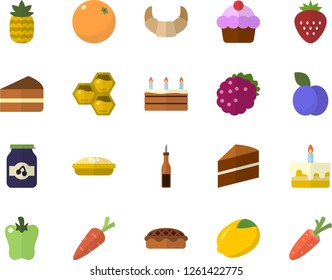 Color flat icon set cake flat vector, sauce, lemon, croissant, piece of, pie, bell pepper, jam, Strawberry, blackberry, pineapple, plum, honeycomb, orange, carrot
