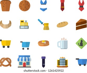 Color flat icon set cake flat vector, turk, biscuit, pancakes, bagel, croissant, bread, store front, grocery trolley, cash machine, coffee, tie, swimsuit, hotel fector, pets allowed