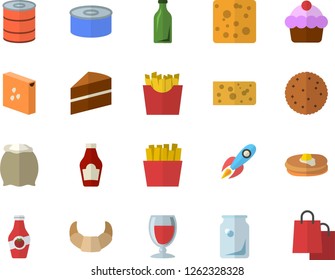 Color flat icon set cake flat vector, flour, groats, ketchup, biscuit, pancakes, croissant, cheese, canned food, French fries, wine, glass bottles, rocket, bags