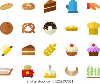 Color flat icon set cake flat vector, cook hat, potholder, rolling pin, toaster, biscuit, pancakes, bagel, croissant, bread, cupcake, piece of, donut, pie, ear