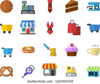 Color flat icon set cake flat vector, spring balance, turk, coffee machine, biscuit, pancakes, bagel, store front, grocery trolley, bags, cash, tie, swimsuit, fector, shop