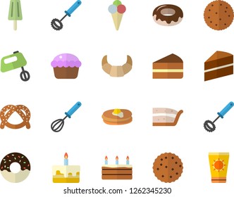 Color flat icon set cake flat vector, whisk, mixer, biscuit, pancakes, bagel, croissant, cupcake,  donut, ice cream, sun protection fector