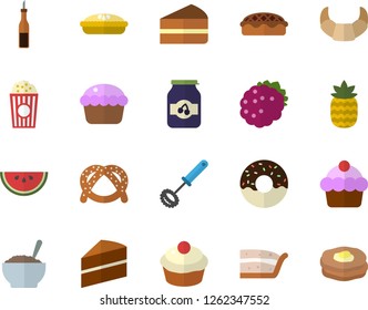 Color flat icon set cake flat vector, whisk, sauce, bagel, croissant, watermelon, cupcake, piece of, donut, porridge, pie, popcorn, jam, blackberry, pineapple, pancakes