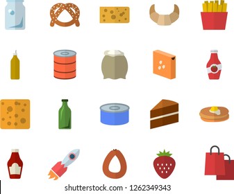 Color flat icon set cake flat vector, flour, groats, ketchup, pancakes, bagel, croissant, sausage, cheese, canned food, French fries, Strawberry, mustard, glass bottles, rocket, bags