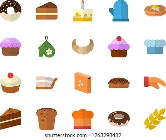 Color flat icon set cake flat vector, cook hat, potholder, groats, pancakes, croissant, bread, cupcake, piece of, donut, pie, ear