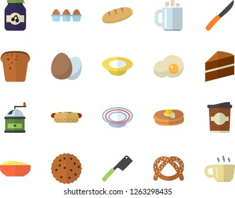 Color flat icon set cake flat vector, knives, coffee grinder, egg, pancakes, bagel, bread, hot dog, dish, porridge, coffe, scrambled eggs, jam, biscuit