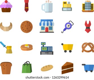 Color flat icon set cake flat vector, spring balance, turk, biscuit, pancakes, bagel, croissant, bread, store front, grocery trolley, bags, cash machine, coffee, tie, swimsuit, hotel fector
