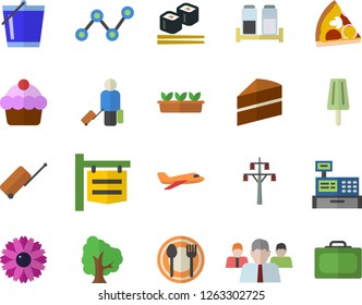 Color flat icon set cake flat vector, spice, table setting, pizza, fish rolls, ice cream, tree, flower, bucketful, seedlings, power line support, signboard, team, scatter chart, cash machine