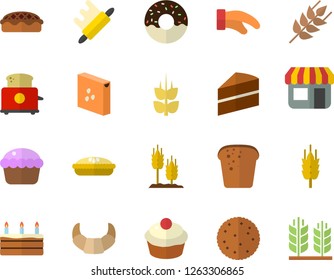 Color flat icon set cake flat vector, potholder, rolling pin, toaster, groats, ear, biscuit, croissant, bread, cupcake, donut, pie, store front