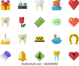 Color flat icon set cake flat vector, horseshoe, tulip, present, heart, virus, tooth, caries, dental crowns, office worker, surfing fector, aquapark, pets allowed, inflatable mattress, taxi, bell