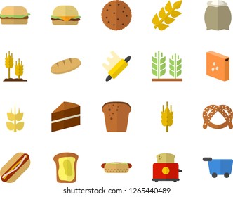 Color flat icon set cake flat vector, rolling pin, toaster, flour, groats, biscuit, bagel, bread, hamburger, hot dog, sandwich, ear, grocery trolley fector