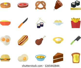 Color flat icon set cake flat vector, knives, ham, pancakes, bagel, spaghetti, hamburger, hot dog, dish, soup, porridge, chop, French fries, fish rolls, scrambled eggs, sandwich