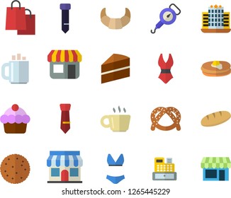 Color flat icon set cake flat vector, spring balance, biscuit, pancakes, bagel, croissant, bread, store front, bags, cash machine, coffee, tie, swimsuit, hotel fector, shop