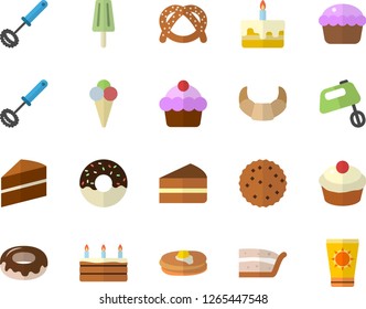 Color flat icon set cake flat vector, whisk, mixer, pancakes, bagel, croissant, cupcake, piece of, donut, ice cream, biscuit, sun protection fector