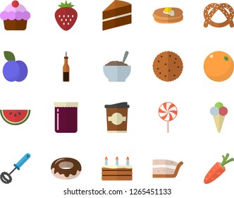 Color flat icon set cake flat vector, whisk, sauce, biscuit, pancakes, bagel, watermelon, piece of, donut, porridge, lollipop, ice cream, coffe, jam, Strawberry, plum, orange, carrot