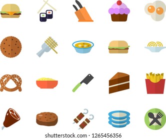 Color flat icon set cake flat vector, knives, plates, biscuit, bagel, spaghetti on a fork, hamburger, soup, porridge, ham, shashlik, cutlet, French fries, fish rolls, scrambled eggs