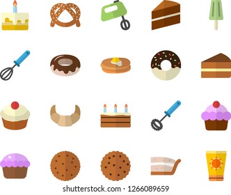 Color flat icon set cake flat vector, whisk, mixer, biscuit, pancakes, bagel, croissant, cupcake, piece of, donut, ice cream, sun protection fector