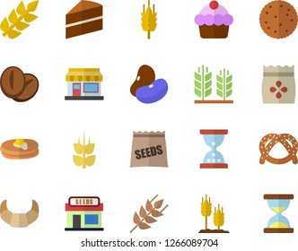 Color flat icon set cake flat vector, ear, legumes, biscuit, pancakes, bagel, croissant, coffee beans, seeds, grain warehouse, hourglass