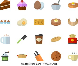 Color flat icon set cake flat vector, knives, coffee grinder, toaster, egg, biscuit, pancakes, croissant, cheese, bread, hot dog, porridge, coffe, scrambled eggs