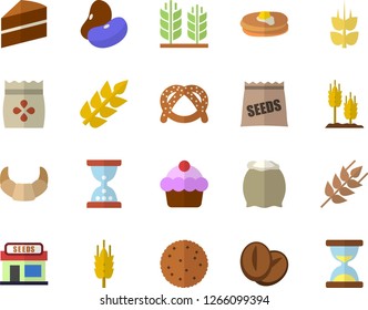 Color flat icon set cake flat vector, flour, ear, legumes, biscuit, pancakes, bagel, croissant, coffee beans, seeds, grain warehouse, hourglass