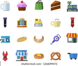 Color flat icon set cake flat vector, spring balance, coffee machine, pancakes, bagel, croissant, bread, store front, bags, cash, tie, swimsuit, hotel fector, grocery trolley