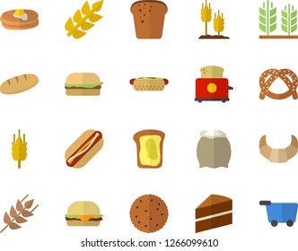 Color flat icon set cake flat vector, toaster, flour, ear, biscuit, pancakes, bagel, croissant, bread, hamburger, hot dog, sandwich, grocery trolley fector