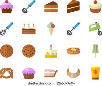 Color flat icon set cake flat vector, whisk, mixer, biscuit, pancakes, bagel, croissant, cupcake, piece of, ice cream, sun protection fector