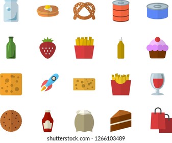 Color flat icon set cake flat vector, flour, ketchup, biscuit, pancakes, bagel, cheese, canned food, French fries, wine, Strawberry, mustard, glass bottles, rocket, bags