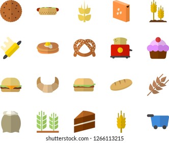 Color flat icon set cake flat vector, rolling pin, toaster, flour, groats, ear, biscuit, pancakes, bagel, croissant, bread, hamburger, hot dog, grocery trolley fector