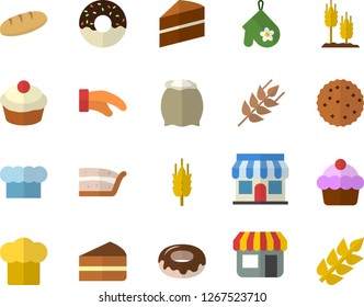 Color flat icon set cake flat vector, cook hat, potholder, flour, ear, bread, cupcake, piece of, donut, biscuit, store front