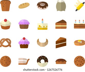 Color flat icon set cake flat vector, rolling pin, flour, biscuit, pancakes, bagel, croissant, bread, cupcake, piece of, donut, pie