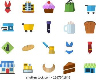 Color flat icon set cake flat vector, turk, coffee machine, croissant, bread, store front, grocery trolley, bags, cash, tie, swimsuit, hotel fector, pets allowed, shop