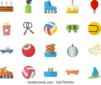 Color flat icon set cake flat vector, popcorn, pickup truck, pulverizer, bowling ball, skateboard, volleyball, skipping rope, tennis, roller Skates, balloon fector, disco, aquapark, pool