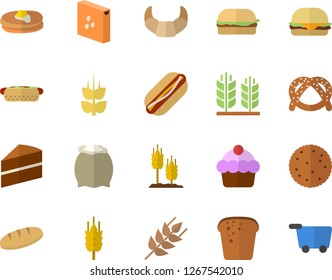 Color flat icon set cake flat vector, flour, groats, ear, biscuit, pancakes, bagel, croissant, bread, hamburger, hot dog, grocery trolley fector