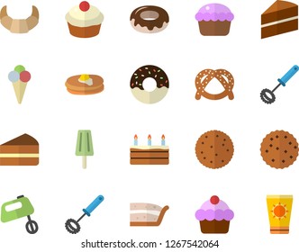 Color flat icon set cake flat vector, whisk, mixer, biscuit, pancakes, bagel, croissant, cupcake, piece of, donut, ice cream, sun protection fector