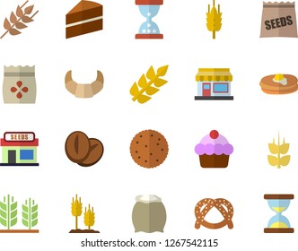 Color flat icon set cake flat vector, flour, ear, biscuit, pancakes, bagel, croissant, coffee beans, seeds, grain warehouse, hourglass