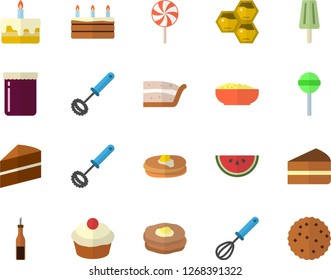 Color flat icon set cake flat vector, whisk, sauce, pancakes, watermelon, cupcake, piece of, porridge, lollipop, ice cream, jam, honeycomb, biscuit