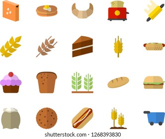 Color flat icon set cake flat vector, rolling pin, toaster, flour, groats, ear, biscuit, pancakes, croissant, bread, hamburger, hot dog, grocery trolley fector