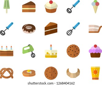 Color flat icon set cake flat vector, whisk, mixer, biscuit, pancakes, bagel, croissant, cupcake, piece of, donut, ice cream, sun protection fector