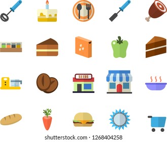 Color flat icon set cake flat vector, kitchen spatula, whisk, gas, spice, food processor, groats, table setting, bread, hamburger, piece of, soup, ham, coffee beans, carrot, bell pepper, store front