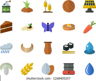 Color flat icon set cake flat vector, coffee grinder, double boiler, jugful, biscuit, pancakes, croissant, egg, mushroom, fish rolls, ear, carrot, seedlings, planting plants, butterflies, rain, drop