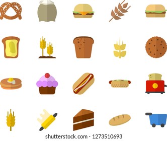 Color flat icon set cake flat vector, rolling pin, toaster, flour, ear, biscuit, pancakes, bagel, bread, hamburger, hot dog, sandwich, grocery trolley fector