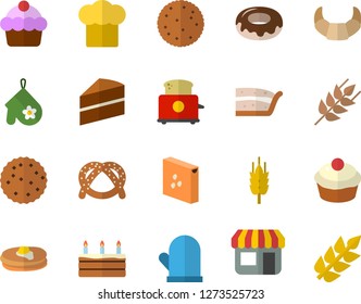 Color flat icon set cake flat vector, cook hat, potholder, toaster, groats, ear, biscuit, pancakes, bagel, croissant, cupcake, piece of, donut, store front