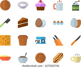 Color flat icon set cake flat vector, knives, coffee grinder, machine, egg, biscuit, cheese, bread, hot dog, dish, porridge, tea