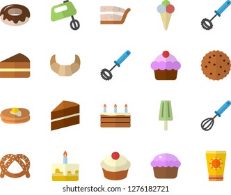 Color flat icon set cake flat vector, whisk, mixer, pancakes, bagel, croissant, cupcake, piece of, donut, ice cream, biscuit, sun protection fector
