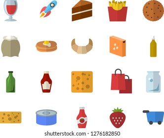 Color flat icon set cake flat vector, flour, groats, ketchup, biscuit, pancakes, croissant, cheese, canned food, French fries, wine, Strawberry, mustard, glass bottles, rocket, bags